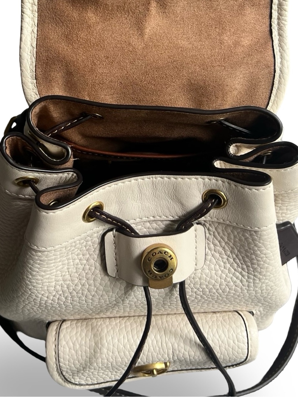 Coach Riya 21 Pebbled Leather Drawstring Bag in Cream with Brown Trim - Picture 6 of 16